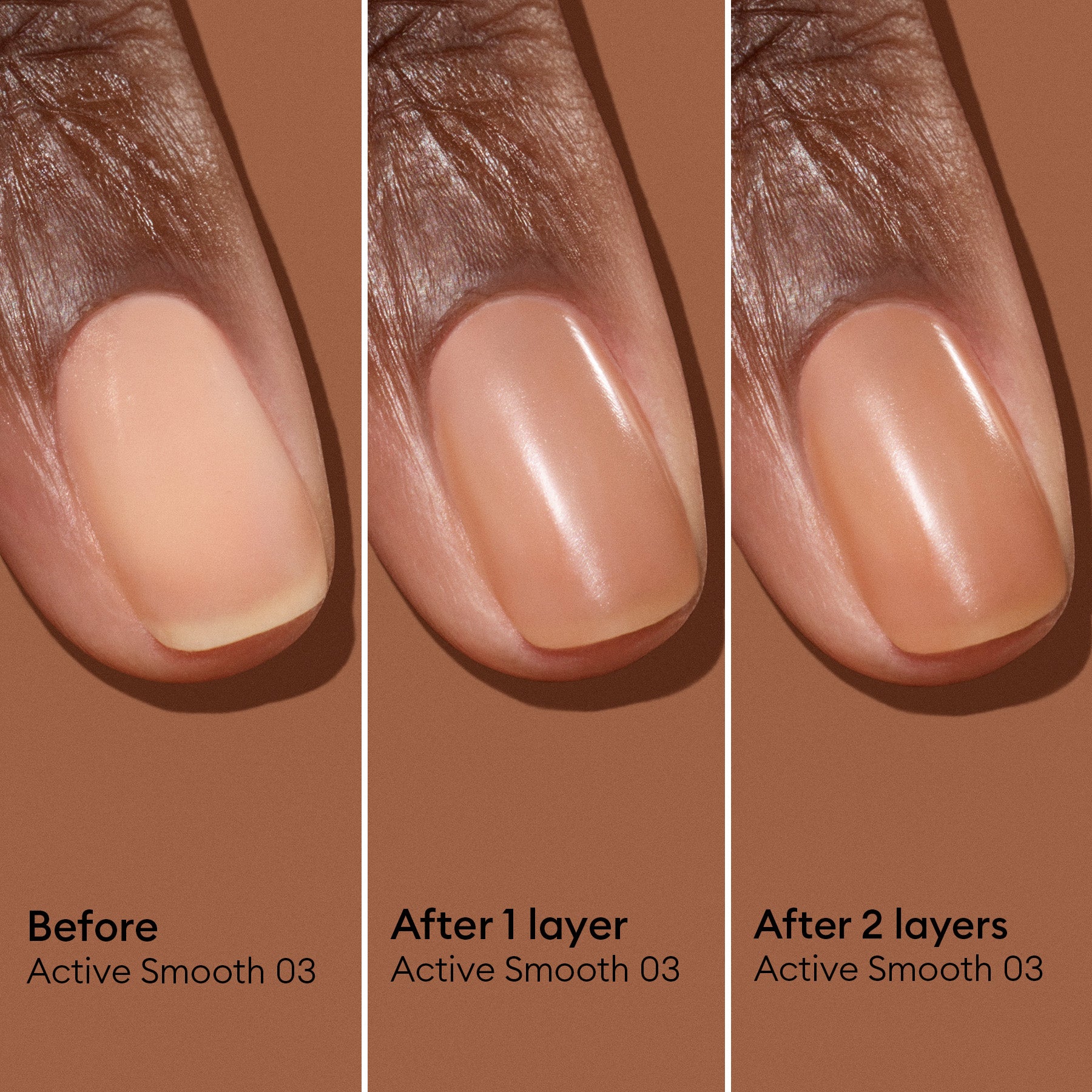 Three close-up images of a fingernail display the progression of nail polish: starting with a bare nail, followed by one coat, and then two coats of Manucurist Active™ Smooth 03. With each layer, the color becomes increasingly opaque, showcasing the polish’s refined bronze satin finish and its commitment to advanced nail care.