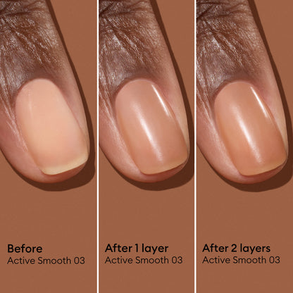 Three close-up images of a fingernail display the progression of nail polish: starting with a bare nail, followed by one coat, and then two coats of Manucurist Active™ Smooth 03. With each layer, the color becomes increasingly opaque, showcasing the polish’s refined bronze satin finish and its commitment to advanced nail care.
