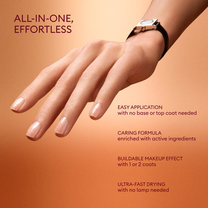 A hand with polished nails is shown wearing a watch, next to text highlighting features of the Manucurist Active™ Travel-Size Duo: easy application, caring formula for essential nail care, buildable effect, and ultra-fast drying.