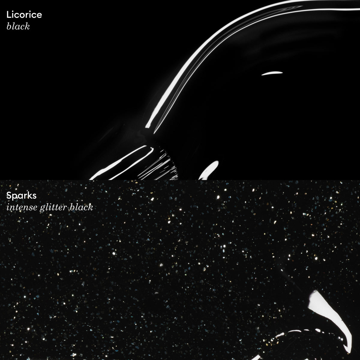 Close-up of two black nail polish finishes: the top half is glossy Licorice, while the bottom half features Manucurist’s Sparks—a shimmering black gel polish with sparkling effects.