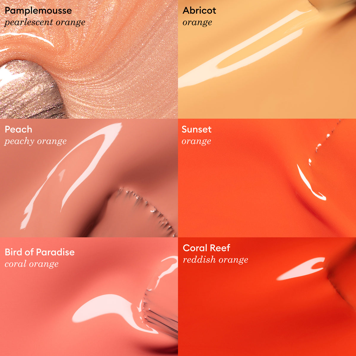 Six close-up swatches of orange nail polishes labeled: Manucurist Pamplemousse (pearlescent orange), Abricot (orange), Peach (peachy orange), Sunset (orange), Bird of Paradise (coral orange), Coral Reef (reddish orange).