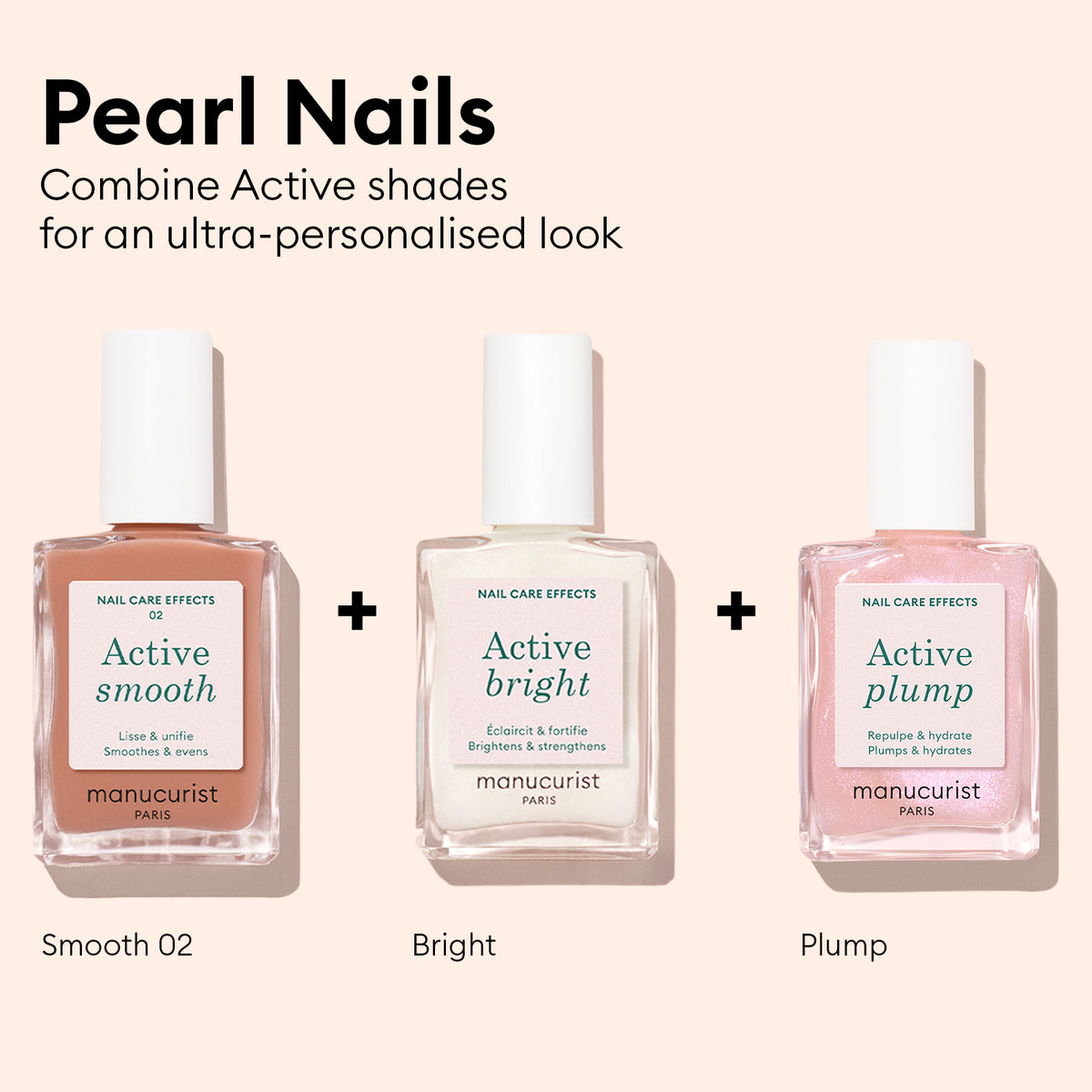 Three Manucurist nail polish bottles labeled Active™ Smooth 02, Active Bright, and Active Plump are arranged side by side under the heading “Pearl Nails,” with descriptive text emphasizing each perfecting treatment and a plus sign between each bottle—showcasing a sophisticated approach to nail care.