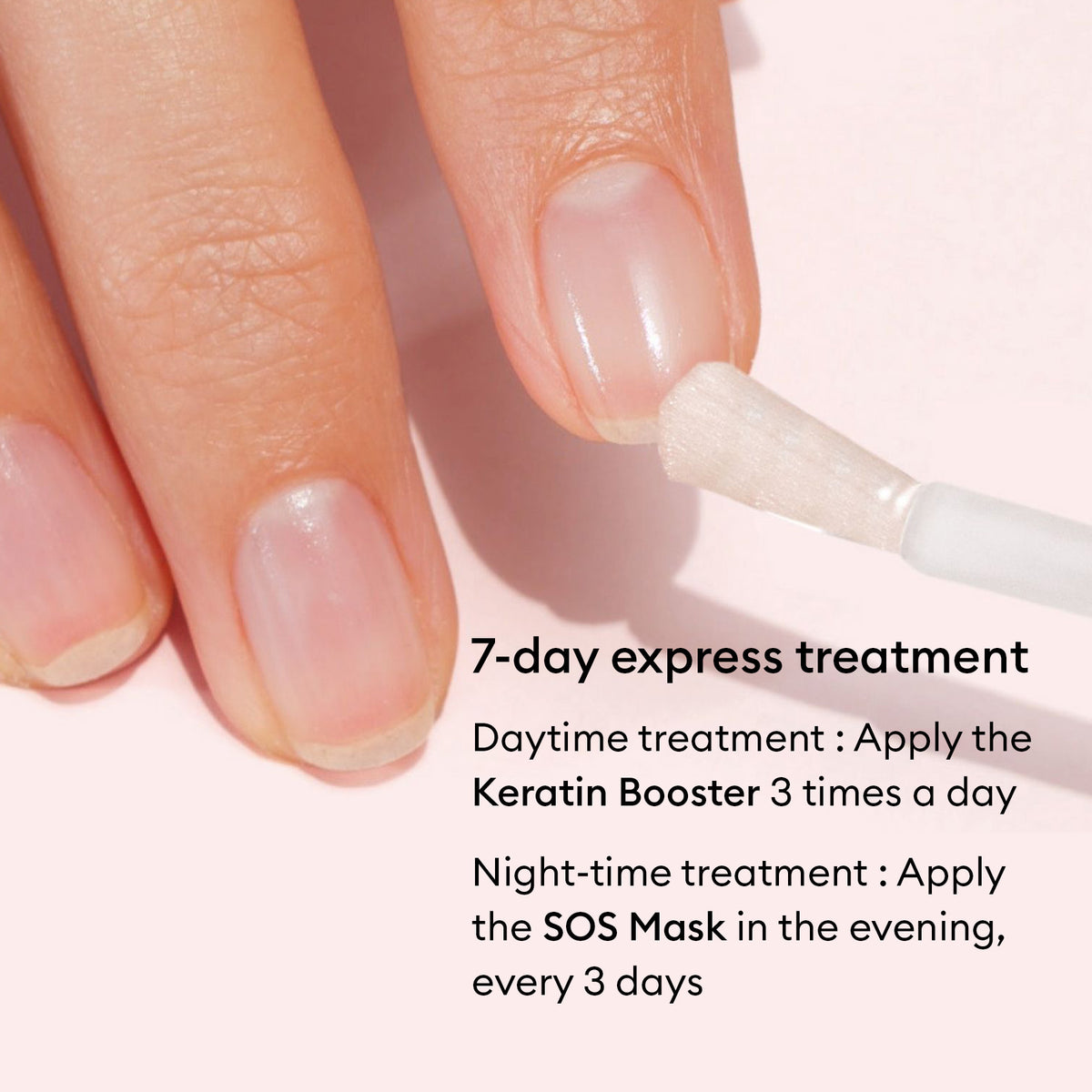 A close-up shows natural nails as a brush applies treatment. Text describes a 7-day routine for soft, damaged nails using Manucurist&