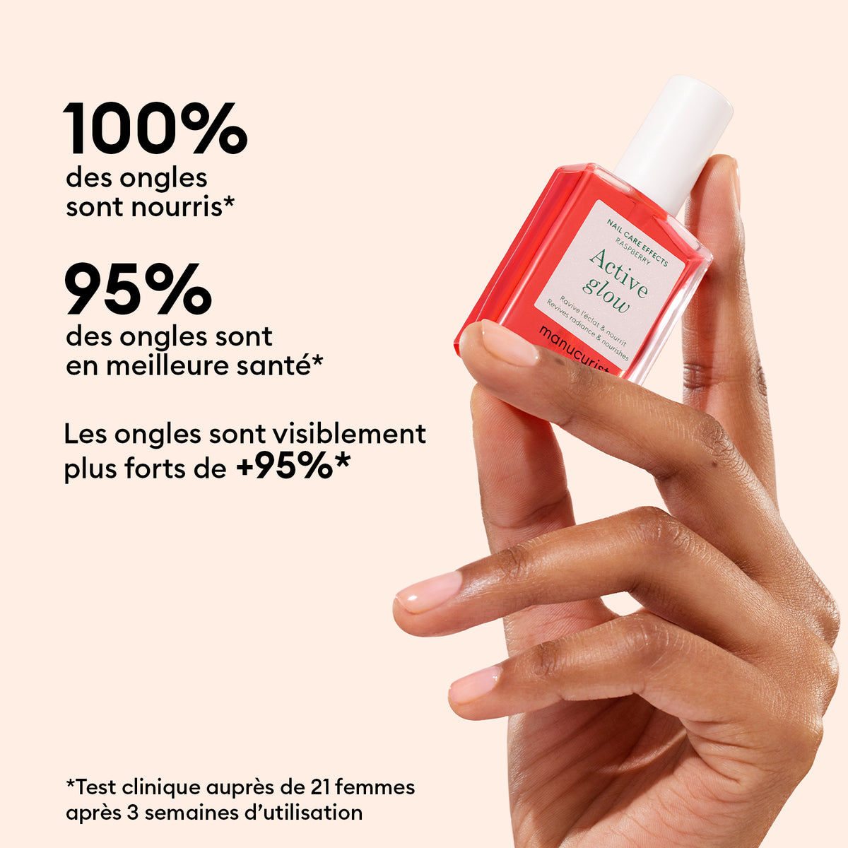 A hand holds a bottle of Manucurist 5min&