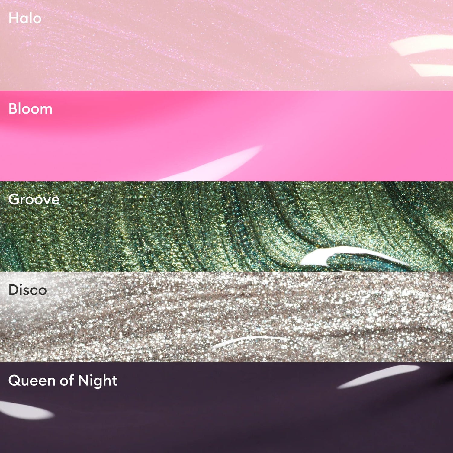 Five manicures from Manucurist’s Rainbow Collections—Halo (shimmery pink), Bloom (bright pink), Groove (metallic green), Disco (silver glitter), and Queen of Night (deep purple)—are shown in horizontal stripes, each labeled by name.