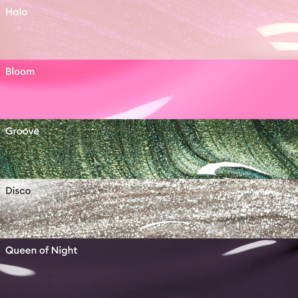 Five manicures from Manucurist’s Rainbow Collections—Halo (shimmery pink), Bloom (bright pink), Groove (metallic green), Disco (silver glitter), and Queen of Night (deep purple)—are shown in horizontal stripes, each labeled by name.