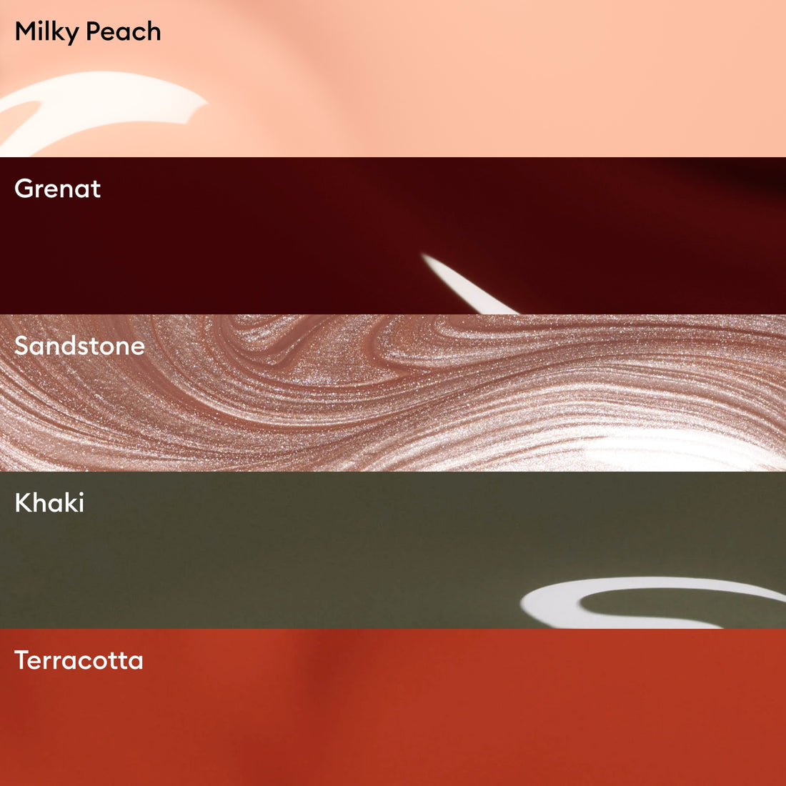 Five horizontal color swatches labeled: Milky Peach (light peach), Grenat (dark red), Sandstone (shimmery beige), Khaki (olive green), and Terracotta (rusty orange) come together in Manucurist’s Rainbow Collections to create a curated nail polish display. This selection of manicure colour palettes is perfect for experimenting with on-trend shades, especially when paired with Manucurist’s Green Flash LED technology for a flawless finish.