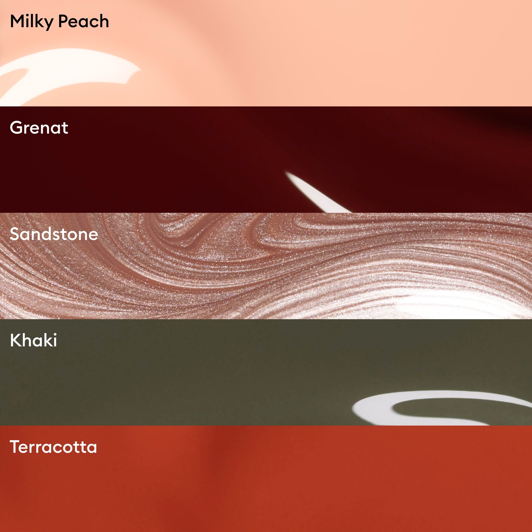 Five horizontal color swatches labeled: Milky Peach (light peach), Grenat (dark red), Sandstone (shimmery beige), Khaki (olive green), and Terracotta (rusty orange) come together in Manucurist’s Rainbow Collections to create a curated nail polish display. This selection of manicure colour palettes is perfect for experimenting with on-trend shades, especially when paired with Manucurist’s Green Flash LED technology for a flawless finish.