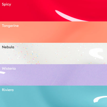 The Manucurist Rainbow Collections features five glossy nail colours—Spicy (red), Tangerine (orange), Nebula (white with colorful specks), Wisteria (lavender), and Riviera (cyan)—curated for on-trend manicures this season.