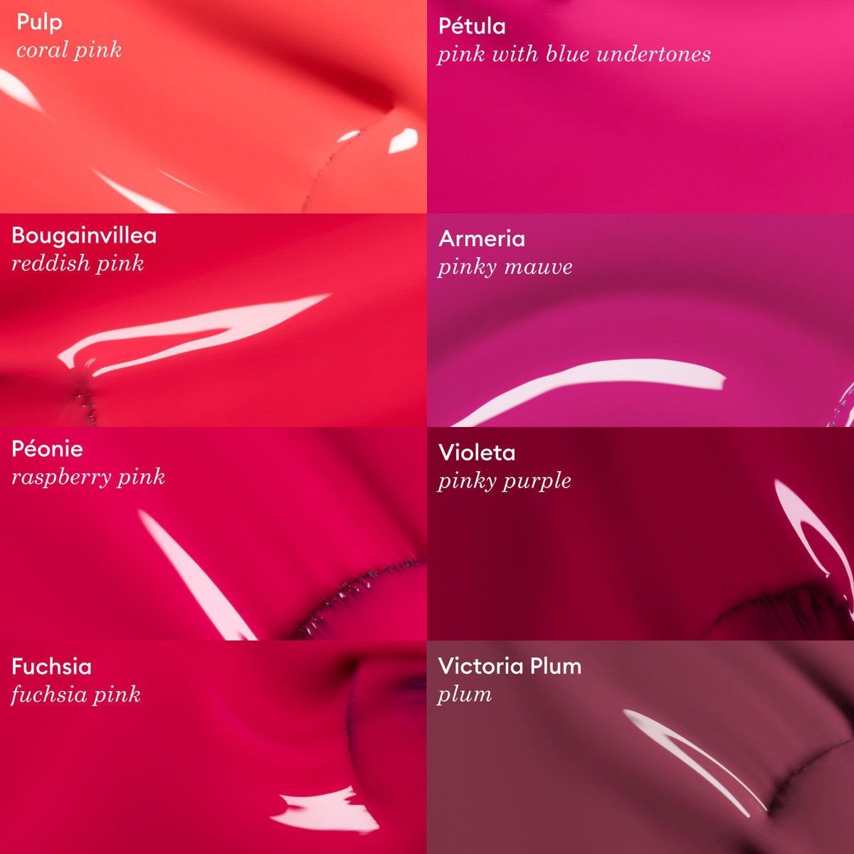 A grid of eight Manucurist Green™ nail polish shades in pink, purple, or fuchsia hues features colors named Pulp, Pétula, Bougainvillea, Armeria, Pivone, Violeta, Fuchsia, and Victoria Plum.