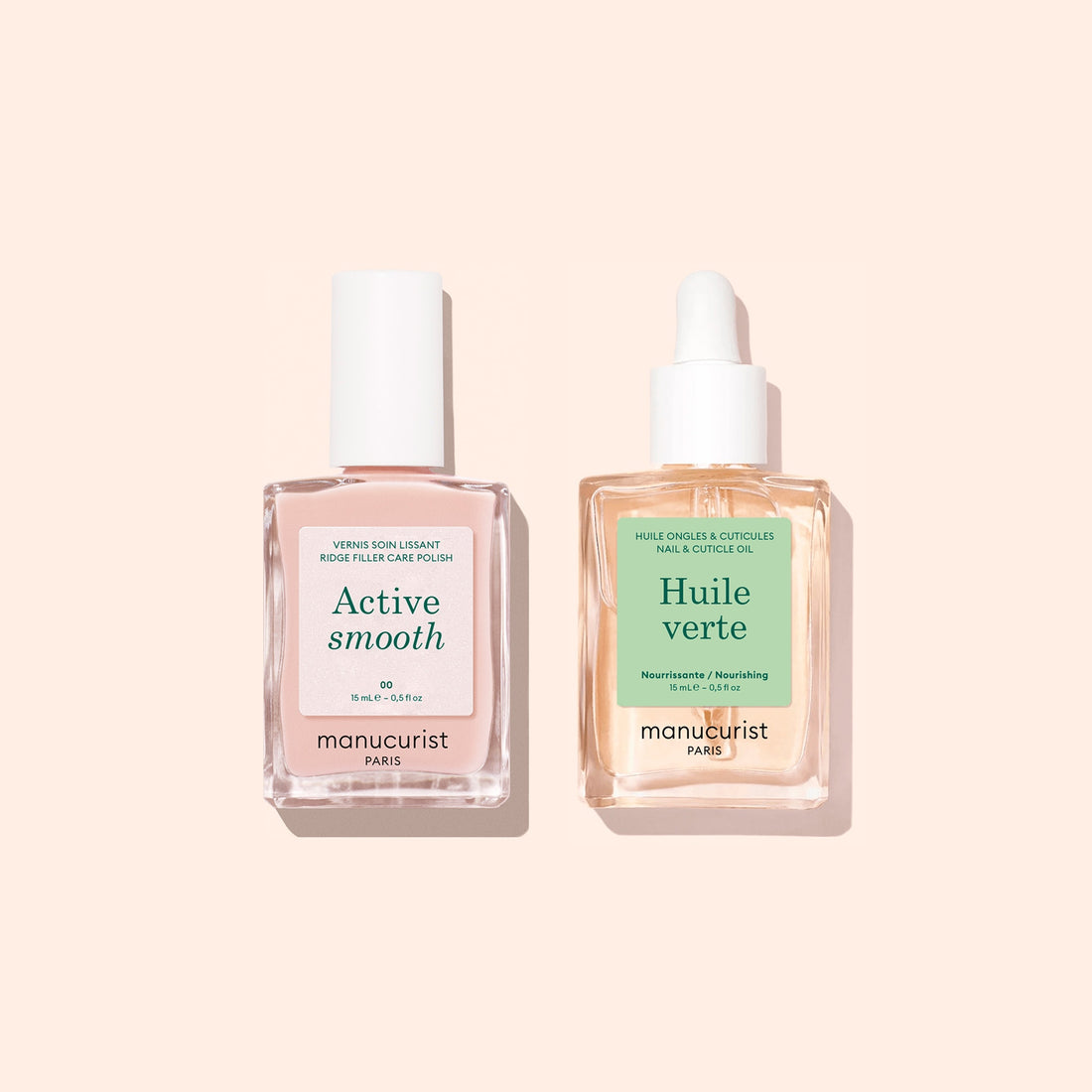 Two square glass bottles with white caps rest on a light beige background; one labeled “Active Smooth” and the other “Huile Verte.” Both are part of Manucurist’s Basic Routine - Ridged Nails, specially formulated for nail care—perfect for smoothing ridged nails or nourishing with rejuvenating cuticle oil.