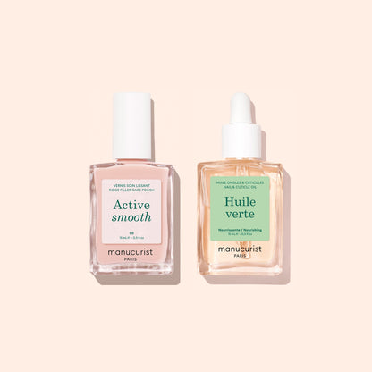 Two square glass bottles with white caps rest on a light beige background; one labeled “Active Smooth” and the other “Huile Verte.” Both are part of Manucurist’s Basic Routine - Ridged Nails, specially formulated for nail care—perfect for smoothing ridged nails or nourishing with rejuvenating cuticle oil.