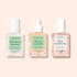 Displayed against a pale pink background are three glass bottles from Manucurist’s Basic Routine - Soft Nails set: Kératine booster, Sérum complet, and Base fortifiante, each containing a uniquely colored liquid. Perfect for your nail care routine, these formulas help strengthen soft nails and serve as an effective nail strengthening serum.