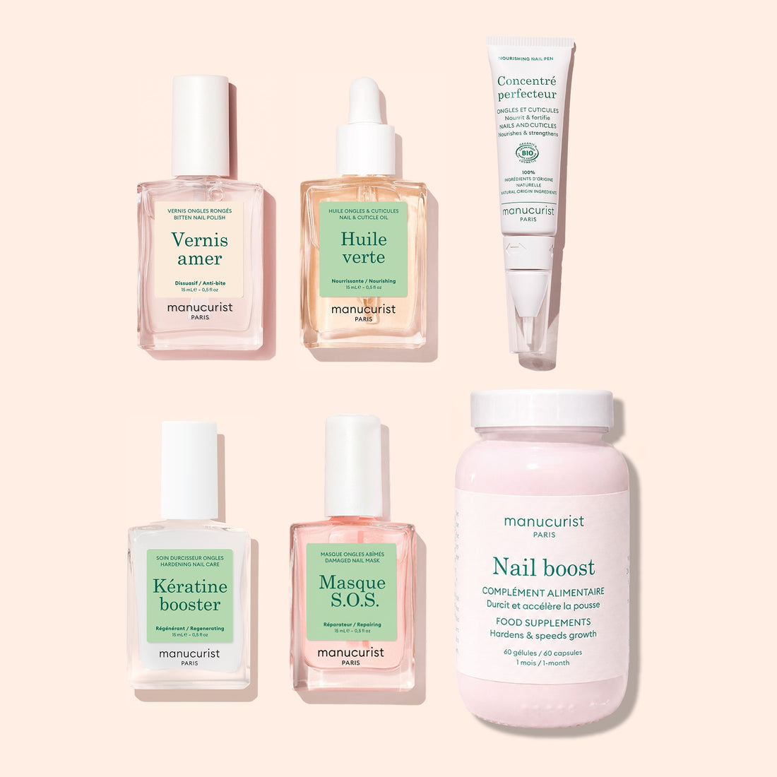 Six manicure products from Manucurist’s Ultimate Routine - Bitten Nails set—including a nail polish, green oil, perfecting concentrate, keratin booster, SOS mask, and a powder supplement for nail strengthening and overall care—are arranged neatly on a light beige background.
