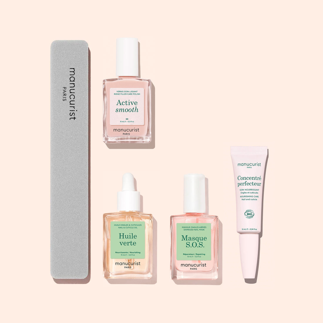 Five essential products from Manucurist’s Starter Routine - Ridged Nails set are arranged on a light pink background, including a nail file, two dropper bottles, a spray bottle, and a small tube—all adorned with pastel green and pink labels. Ideal for comprehensive nail care, this set provides everything you need to pamper ridged nails or gently smooth out imperfections using the included nail buffer.