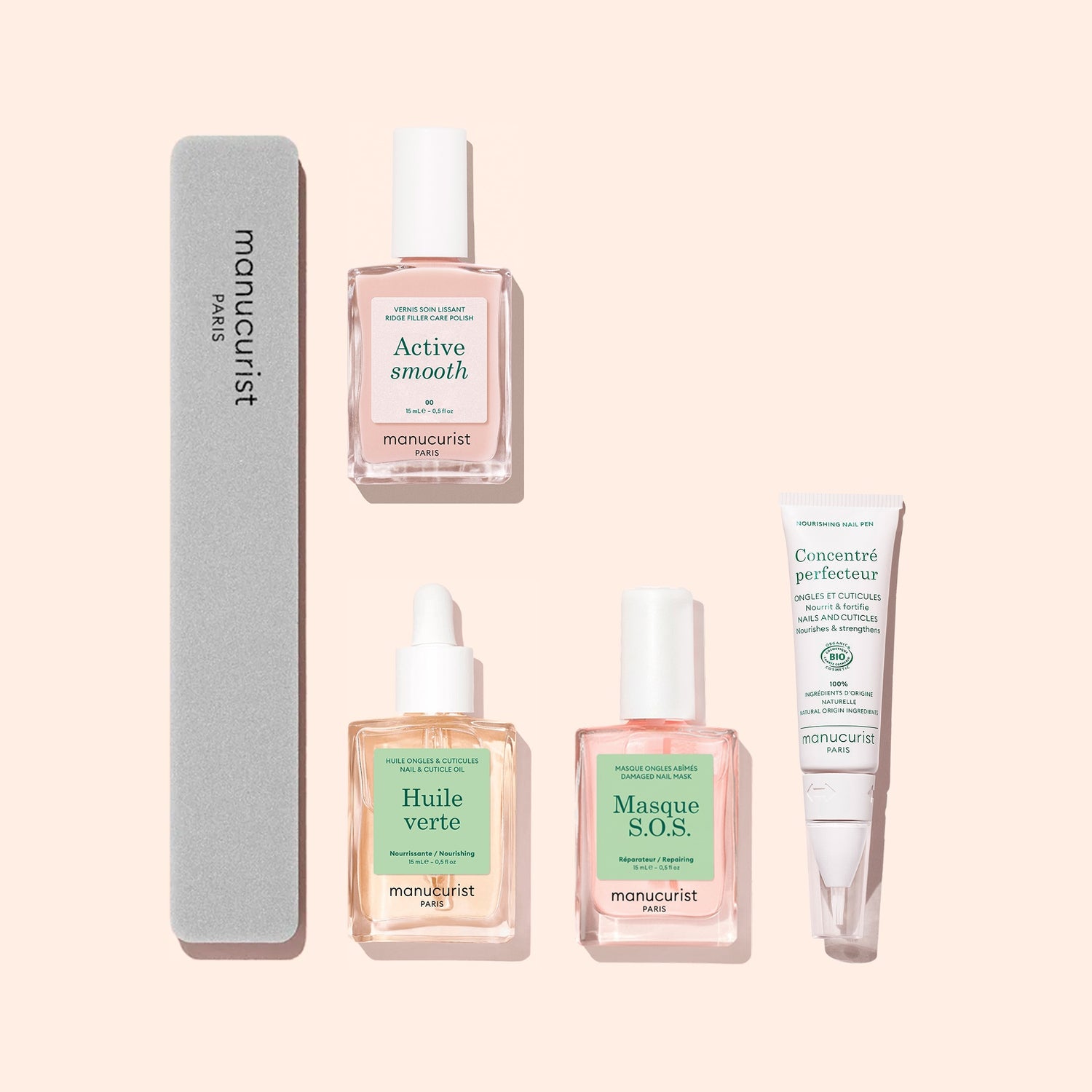 Five essential products from Manucurist’s Starter Routine - Ridged Nails set are arranged on a light pink background, including a nail file, two dropper bottles, a spray bottle, and a small tube—all adorned with pastel green and pink labels. Ideal for comprehensive nail care, this set provides everything you need to pamper ridged nails or gently smooth out imperfections using the included nail buffer.