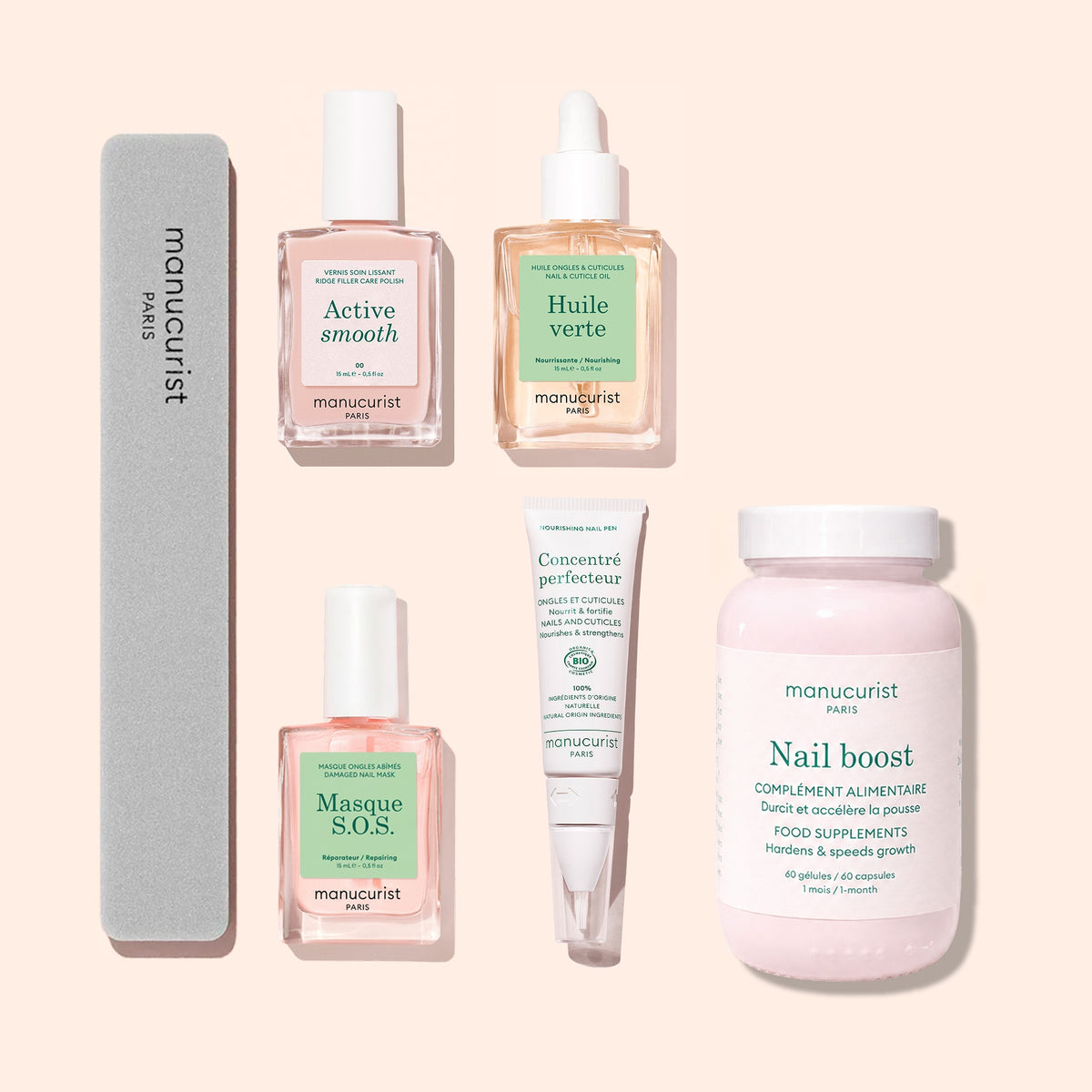 Experience the Ultimate Routine - Ridged Nails by Manucurist: a curated set featuring a nail file, three nourishing treatments designed specifically for ridged nails, a hydrating cream, and a bottle of Nail Boost food supplement—all elegantly presented on a light background for your complete nail care regimen.