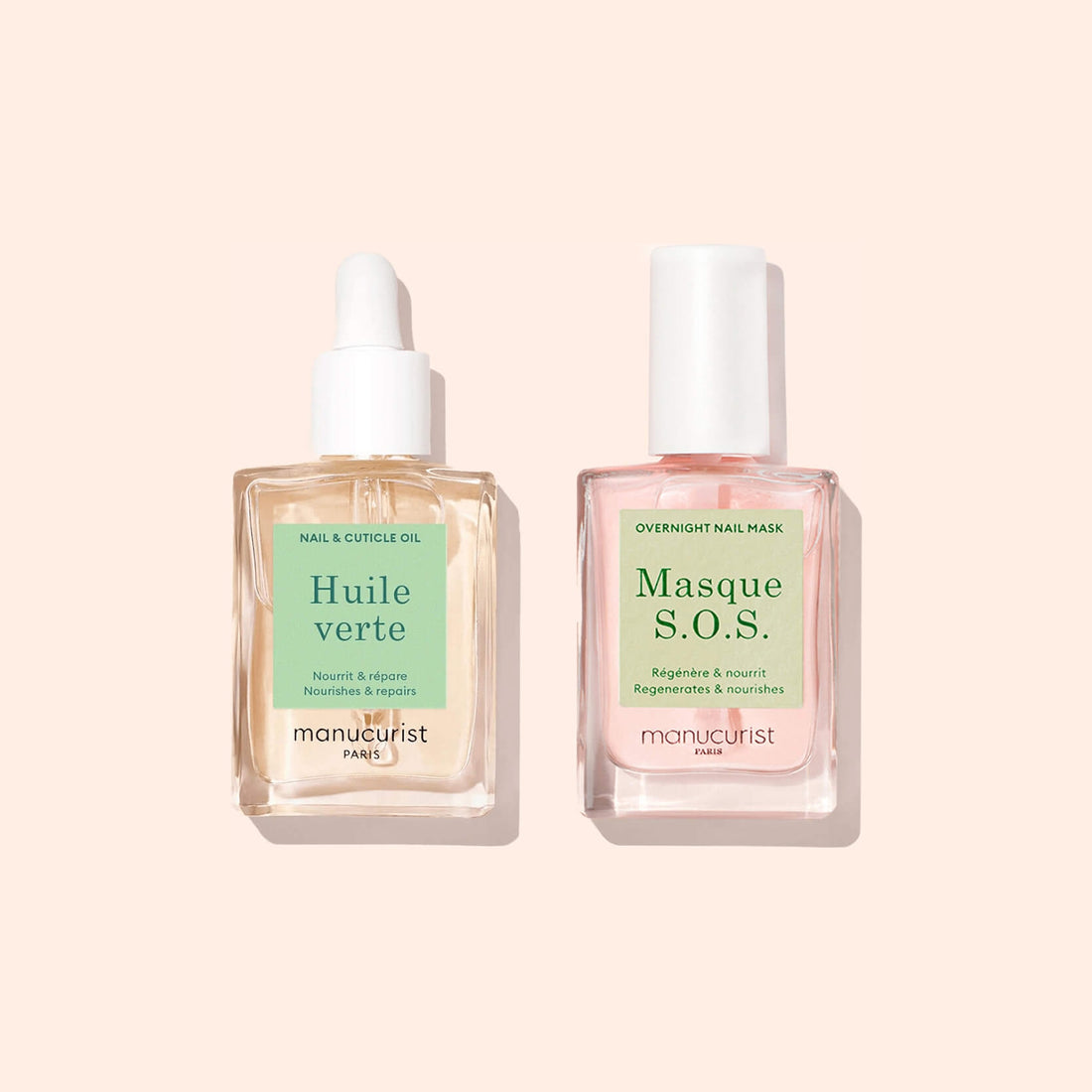 Two square bottles of Manucurist’s Starter Routine - Damaged Nails set are shown on a beige background: Huile verte cuticle oil (dropper cap, green label) on the left and Masque S.O.S nail repair (white cap) on the right.