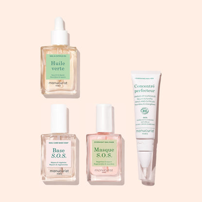 Four Manucurist Starter Routine - Damaged Nails products, including nourishing cuticle oil and keratin booster, are displayed on a light pink background in clear bottles and a white tube with green accents.
