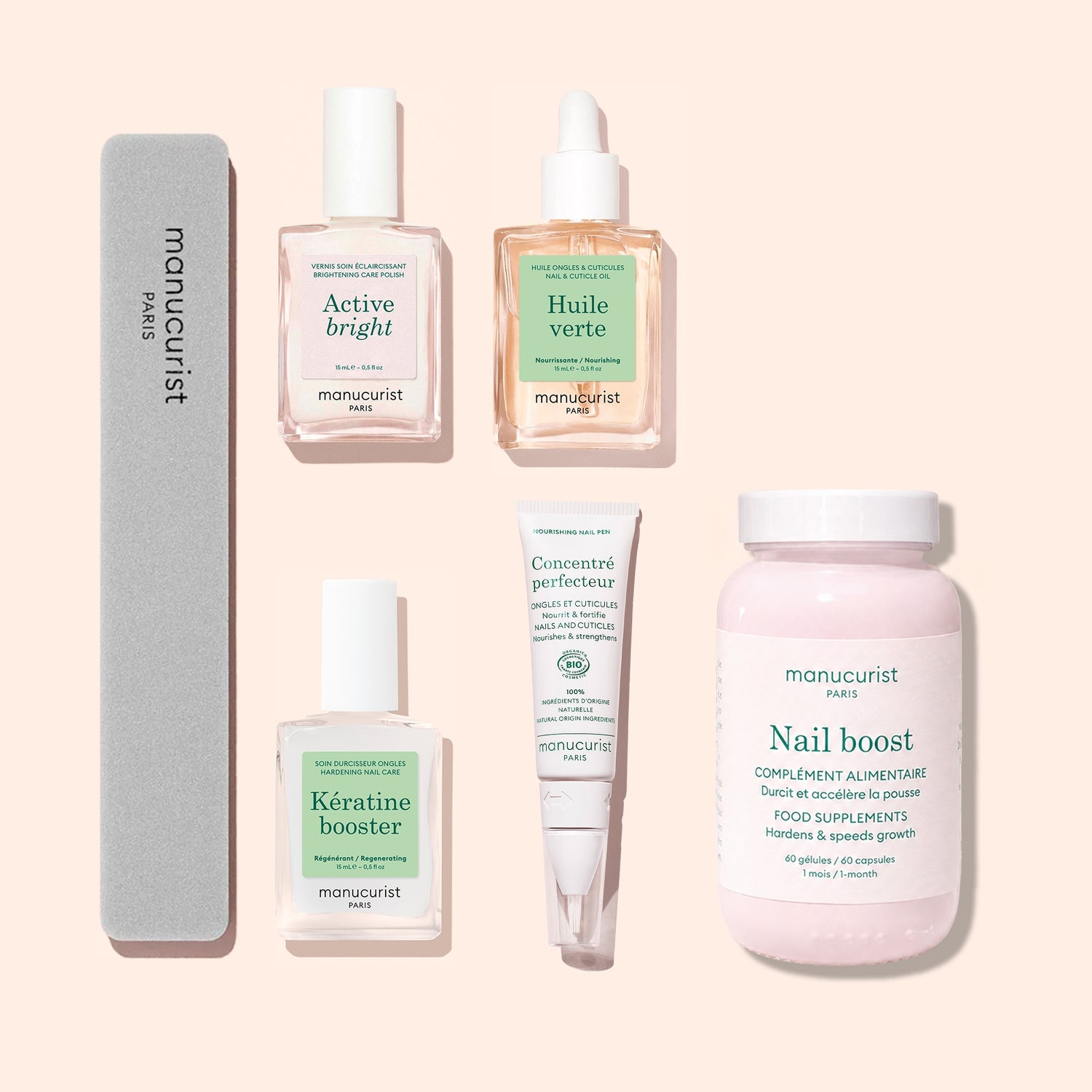 The Ultimate Routine - Yellow Nails by Manucurist, featuring five essential nail care products—a nail file, nail polishes, serum, cream, and a jar of supplements—is arranged neatly on a pale pink background to elevate your nail care routine.