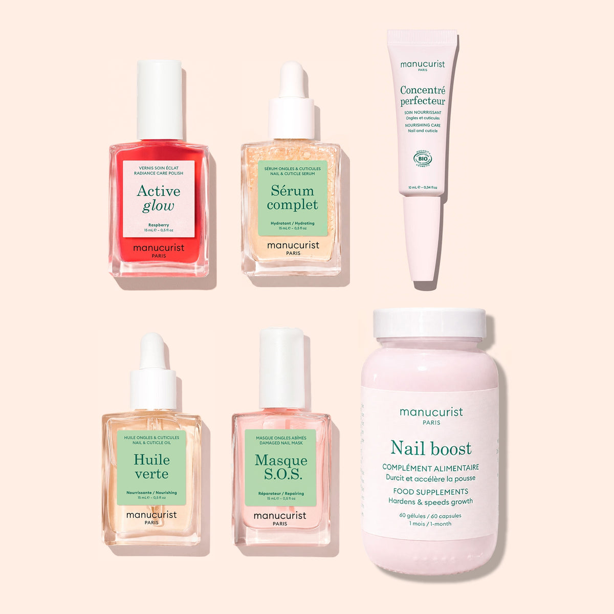Five bottles of Manucurist Ultimate Routine - Sensitive Nails serums and a tube, alongside a pink bottle labeled Nail Boost Food Supplements, are arranged on a light beige background. Each Manucurist product features a pastel label with a dropper or cap, designed to nourish and strengthen nails as part of an effective nail care treatment for healthier, more resilient nails.