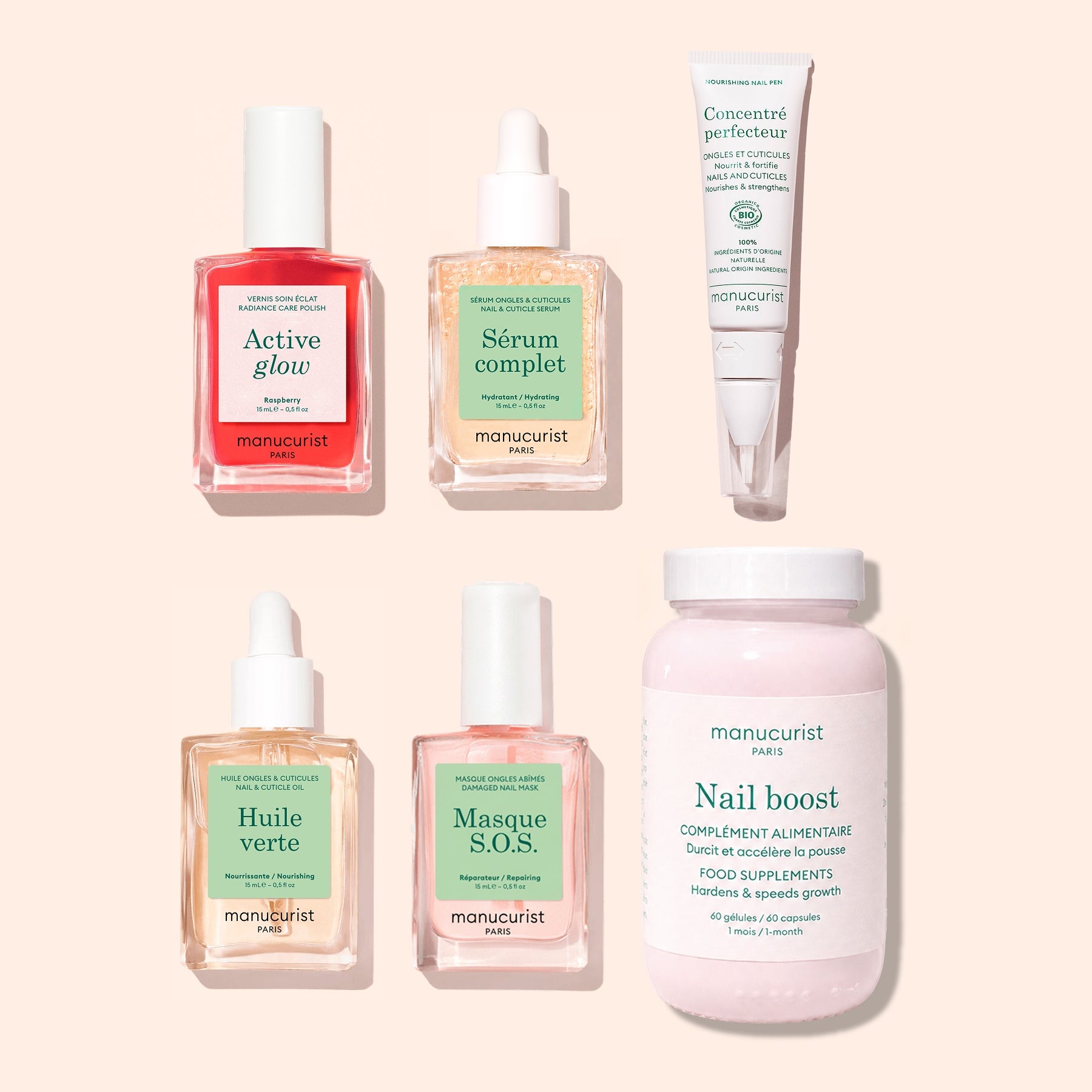 Five bottles of Manucurist Ultimate Routine - Sensitive Nails serums and a tube, alongside a pink bottle labeled Nail Boost Food Supplements, are arranged on a light beige background. Each Manucurist product features a pastel label with a dropper or cap, designed to nourish and strengthen nails as part of an effective nail care treatment for healthier, more resilient nails.