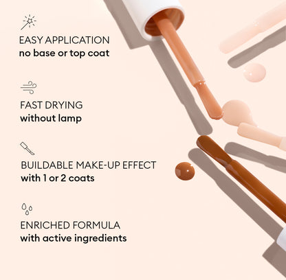 Three open bottles of Manucurist Active™ Smooth 03 nail polish in beige shades, with brush applicators displayed against a light background. Text emphasizes easy application, fast drying, a buildable make-up effect, and the enriched CC Polish Treatment formula featuring active ingredients for superior nail care.