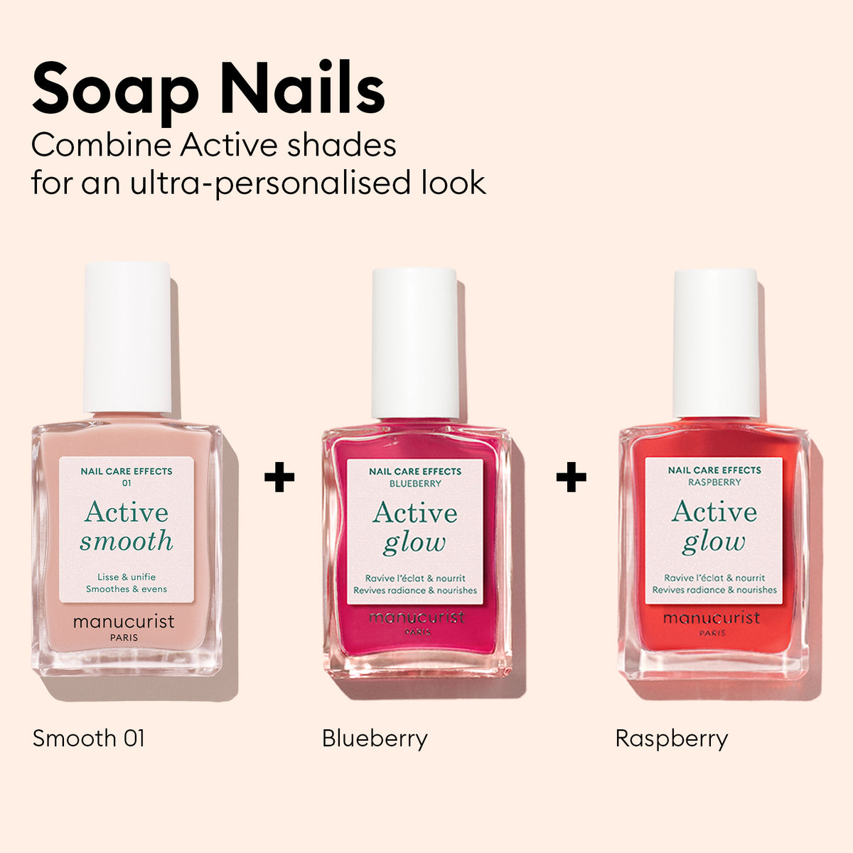 Three Manucurist nail polish bottles, including Active™ Glow Blueberry, are showcased with text encouraging you to mix and match Active shades for a truly personalized manicure. Elevate your nail care routine with vibrant colors crafted to deliver radiant shine and nourish your nails.