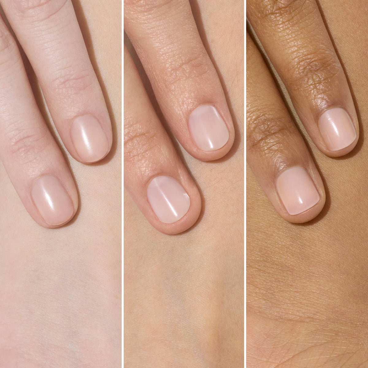 Three hands with different skin tones, each displaying clean, short, natural nails with a light, glossy finish—thanks to Active™ Smooth 00 by Manucurist—against a neutral background.