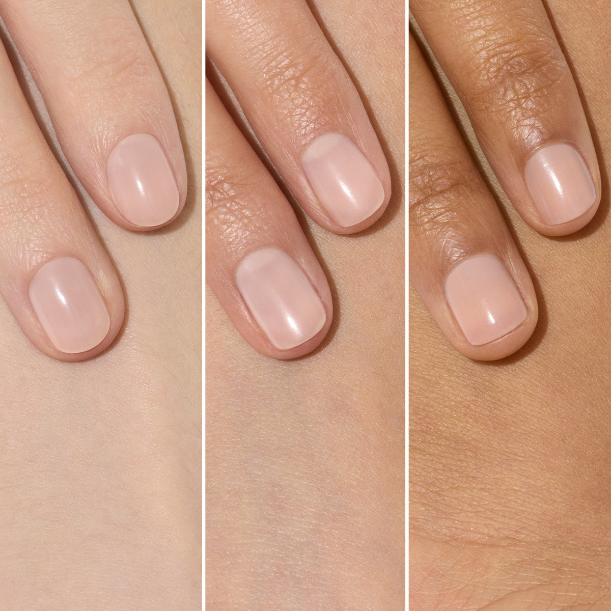 Three hands with different skin tones, each displaying neatly manicured fingernails painted in a light, natural nude polish created with Manucurist Active™ Smooth 01. The hands are positioned side by side for comparison, showcasing the benefits of plant-based nail care.