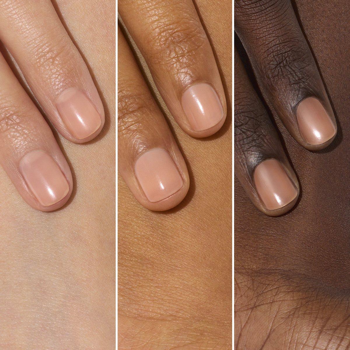 Three hands with different skin tones are shown side by side, each with neatly manicured nails painted in a similar nude shade using Manucurist Active™ Smooth 02 nail polish, highlighting the beauty of inclusive nail care.