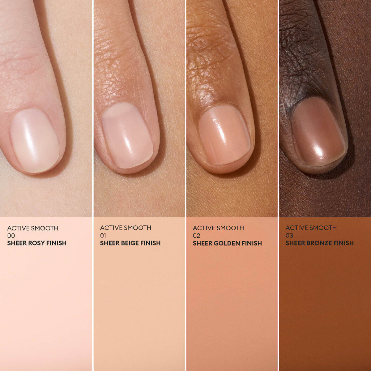 Four hands of varying skin tones display French-tipped nails. Beneath each hand, a foundation swatch from the French Colour Kit is shown: 00 Sheer Rosy, 01 Sheer Beige, 02 Sheer Golden, and 03 Sheer Bronze Finish.