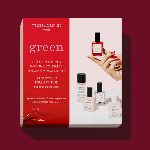 The System Green Basic boxed manicure set by Manucurist-test features five nail care products, including nail polish and treatments, with an image of painted nails on the front.