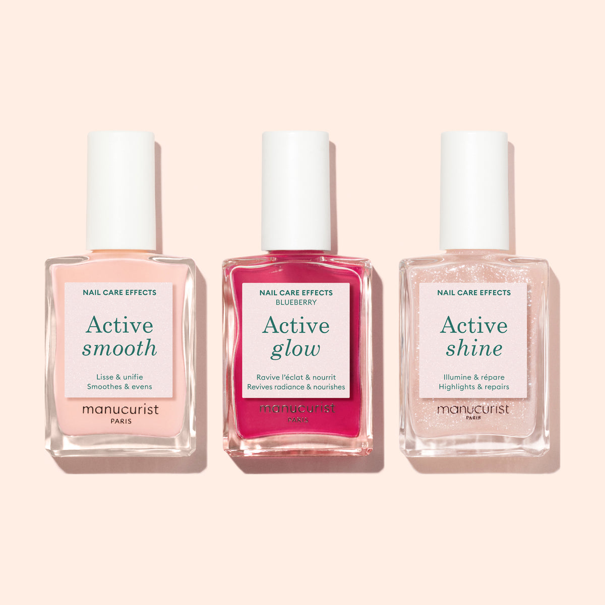 Three bottles of Manucurist nail polish are featured: Active™ Smooth 00 (light pink), Active Glow (dark pink), and Active Shine (shimmery beige). Each bottle highlights its unique nail care benefits, making them the ideal CC Polish Treatments for achieving a flawless, healthy-looking manicure.