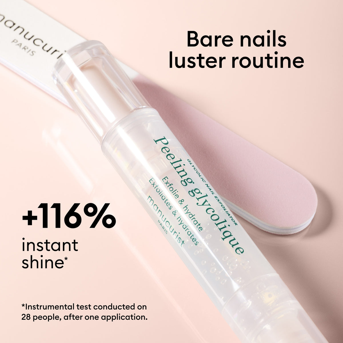 A clear tube of Manucurist Glossy Booster Duo nail exfoliator sits on a pink file, highlighting the “Bare nails luster routine,” “+116% instant shine,” and glossy nails benefits proven by an instrumental test.