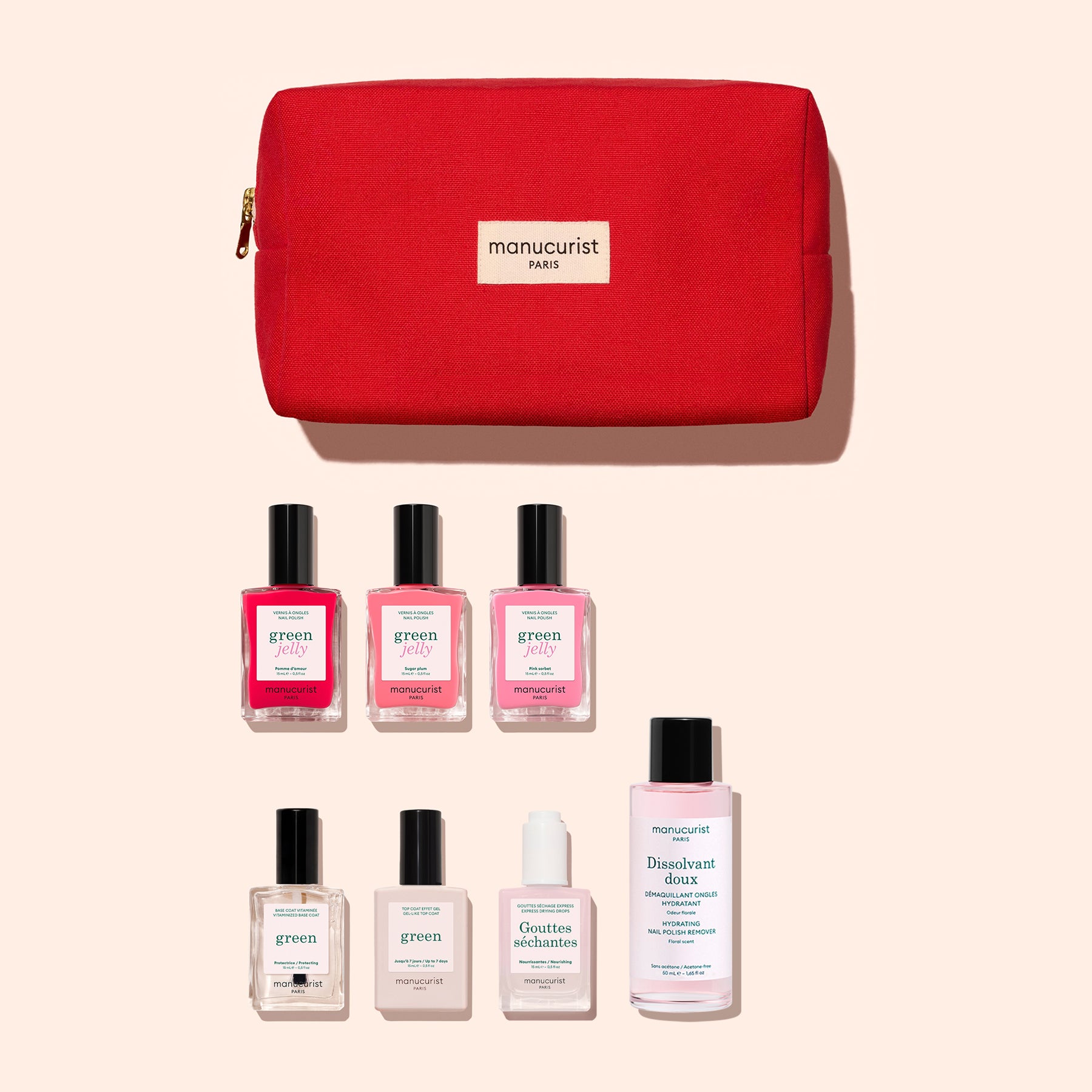 Introducing the Manucurist Starter Kit – Jelly Nail Polish: a vibrant red organic cotton pouch containing seven assorted nail care essentials from Manucurist, including gel-effect nail polishes, remover, and treatments, elegantly arranged below the pouch on a light background—your ideal green manicure kit for an at-home routine.