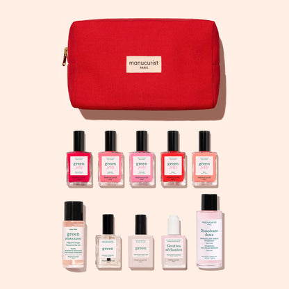 A Manucurist Super Starter Kit - Jelly Nail Polish set, featuring ten nail care essentials and colored gel-effect polishes, displayed in an organic cotton red pouch on a light background.