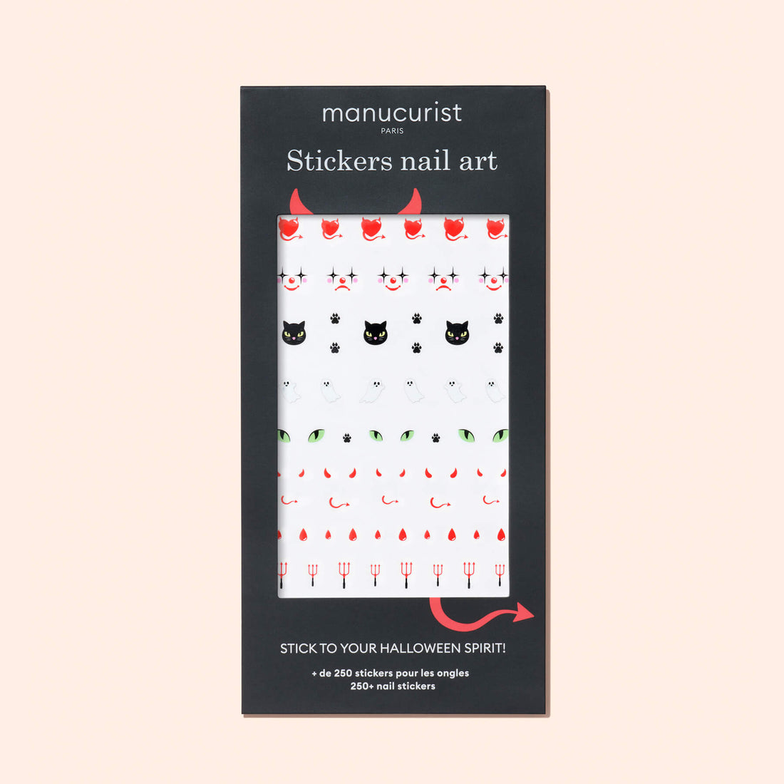 Manucurist Halloween Nail Art Stickers feature black cats, red devils, pitchforks, and skulls in a sleek black package with white text and a clear window to display the spooky designs—perfect for Halloween manicures.