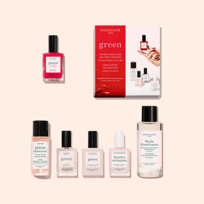 A boxed Manucurist Discovery Kit - Jelly Nail Polish, featuring four small bottles of plant-based red gel effect nail polish, remover, and nail drops—all displayed on a pale peach background for the perfect Green manicure.