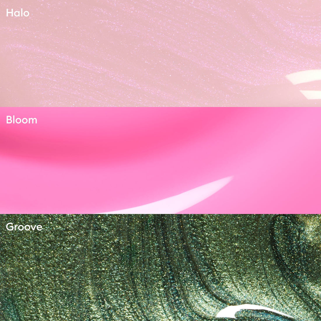 Manucurist’s Trio Collections feature three bands: sparkly pale pink (Halo), bright pink with a white curve (Bloom), and shimmering green (Groove)—ideal inspiration for fresh nail trends and modern manicure colour palettes.