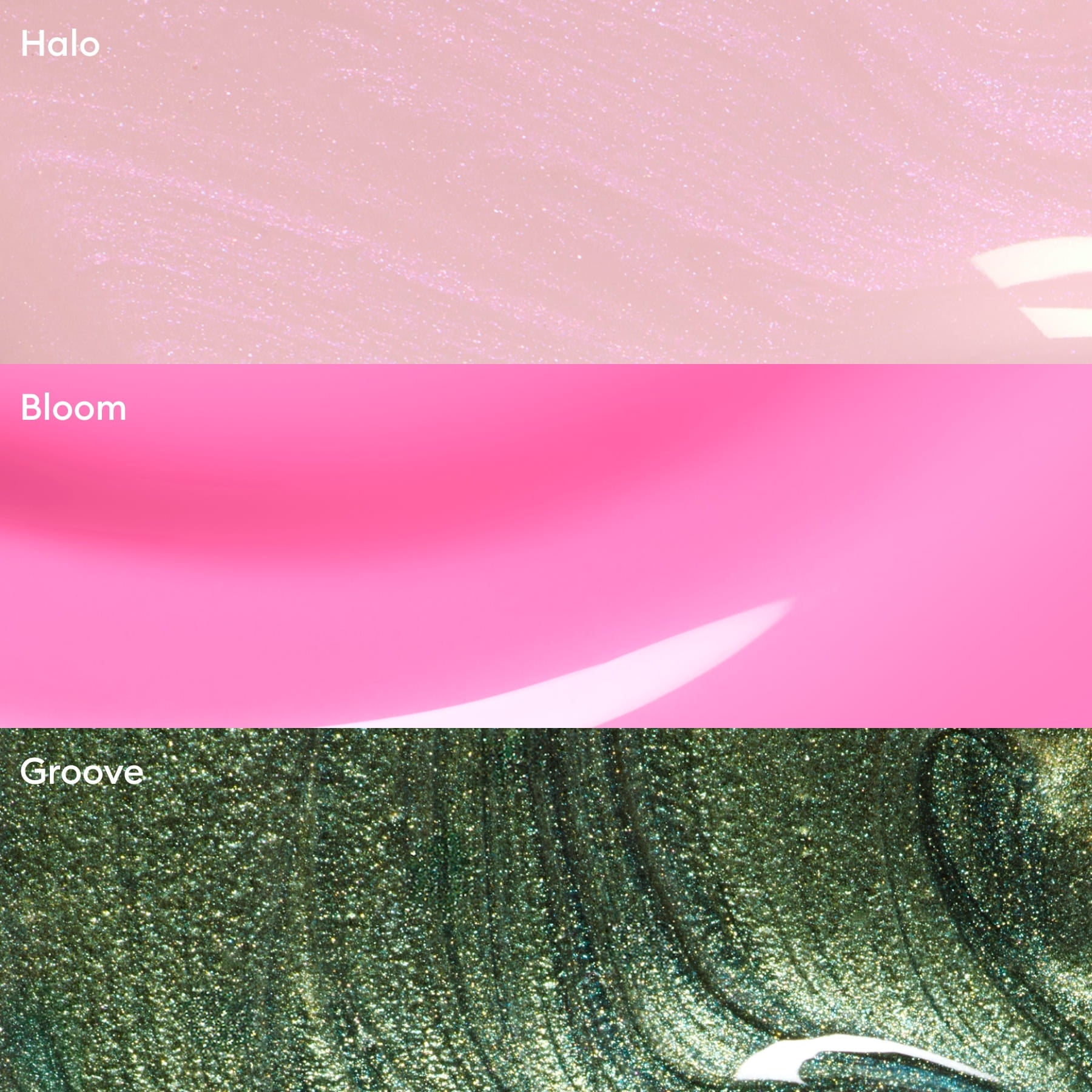 Manucurist’s Trio Collections feature three bands: sparkly pale pink (Halo), bright pink with a white curve (Bloom), and shimmering green (Groove)—ideal inspiration for fresh nail trends and modern manicure colour palettes.