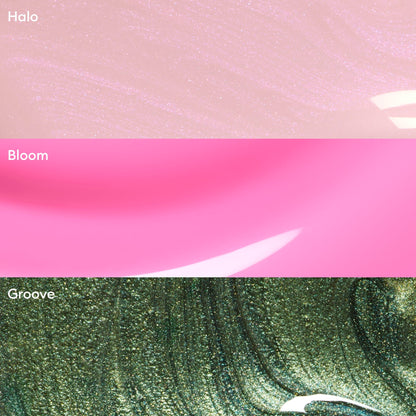 Manucurist’s Trio Collections feature three bands: sparkly pale pink (Halo), bright pink with a white curve (Bloom), and shimmering green (Groove)—ideal inspiration for fresh nail trends and modern manicure colour palettes.