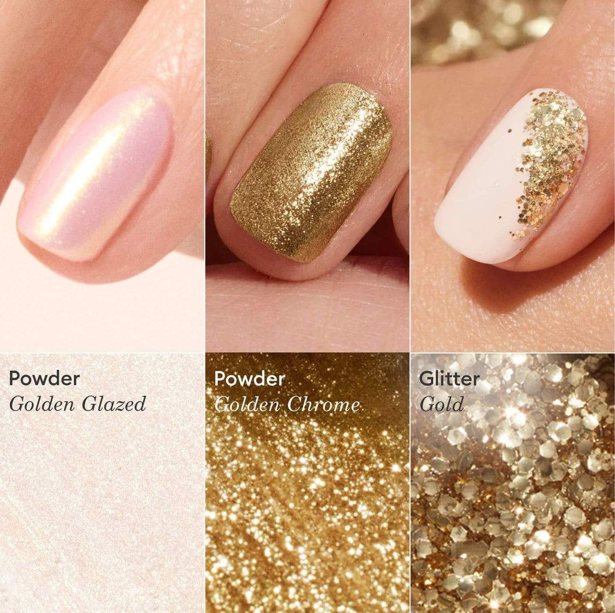 Three close-ups show fingernails with Manucurist’s Glitters and Effect Powders Trios: iridescent golden glaze, metallic gold chrome, and white with gold glitters. Each nail is paired with its matching powder or glitter—ideal for gel polish lovers.
