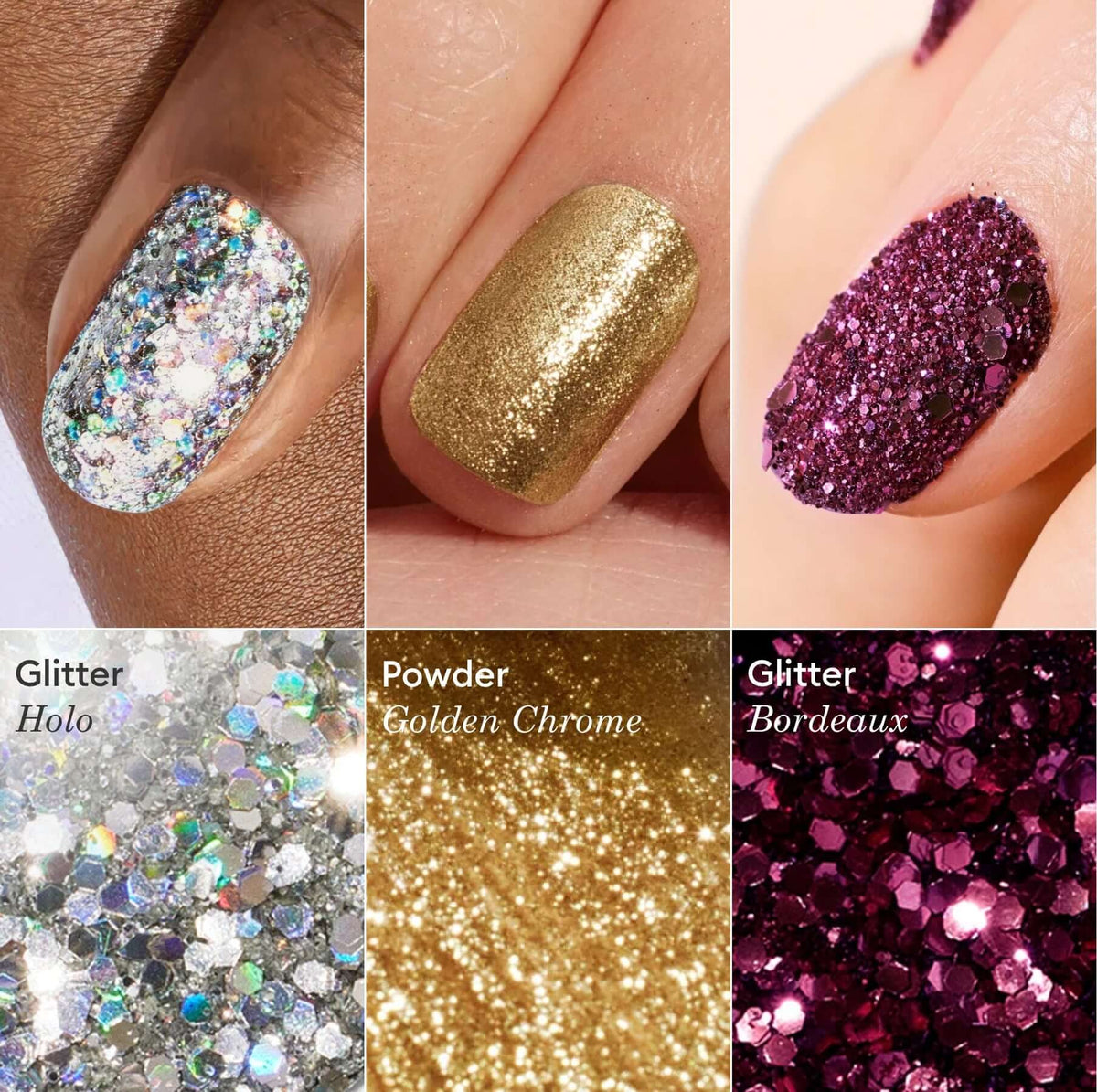 A collage features three manicured nails with Manucurist Glitters and Effect Powders Trios, displaying holographic silver glitter, gold chrome powder, and bordeaux glitters. Below each nail is a close-up of the matching polish texture.