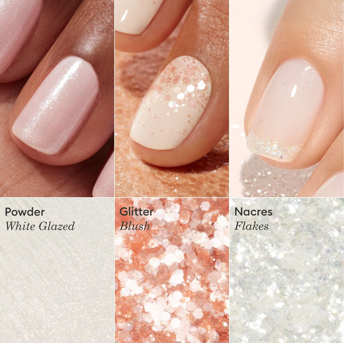 A collage displays three Manucurist Glitters and Effect Powders Trios nail designs—white glazed, blush glitter, and nacre flakes—each paired with a texture sample below and labeled.