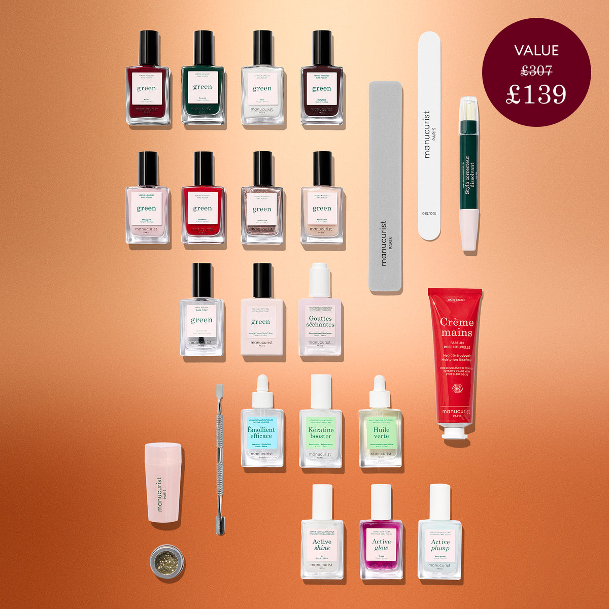 A flat lay of Manucurist’s Advent Calendar Time to Shine! featuring an assortment of nail care essentials—including nail polishes, files, a cuticle pusher, hand cream, Active Shine Icy treatment bottles, and a nail brush—neatly arranged on a copper background.