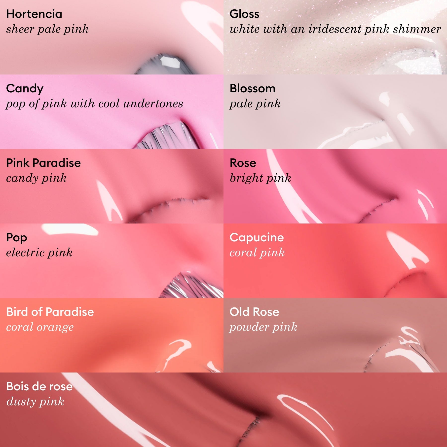 Rows of creamy Manucurist nail polish swatches in pink and coral shades, each labeled with a name—like Blossom—and a brief color description, ranging from sheer pale pink to dusty pink.
