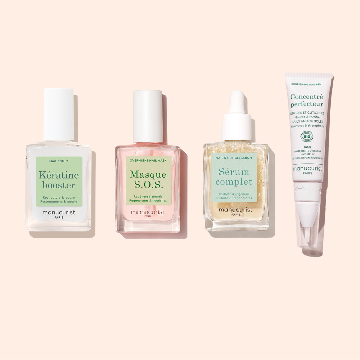 Two Manucurist Day  Night Duo products are arranged side by side on a light beige background, each in different bottles and packaging.