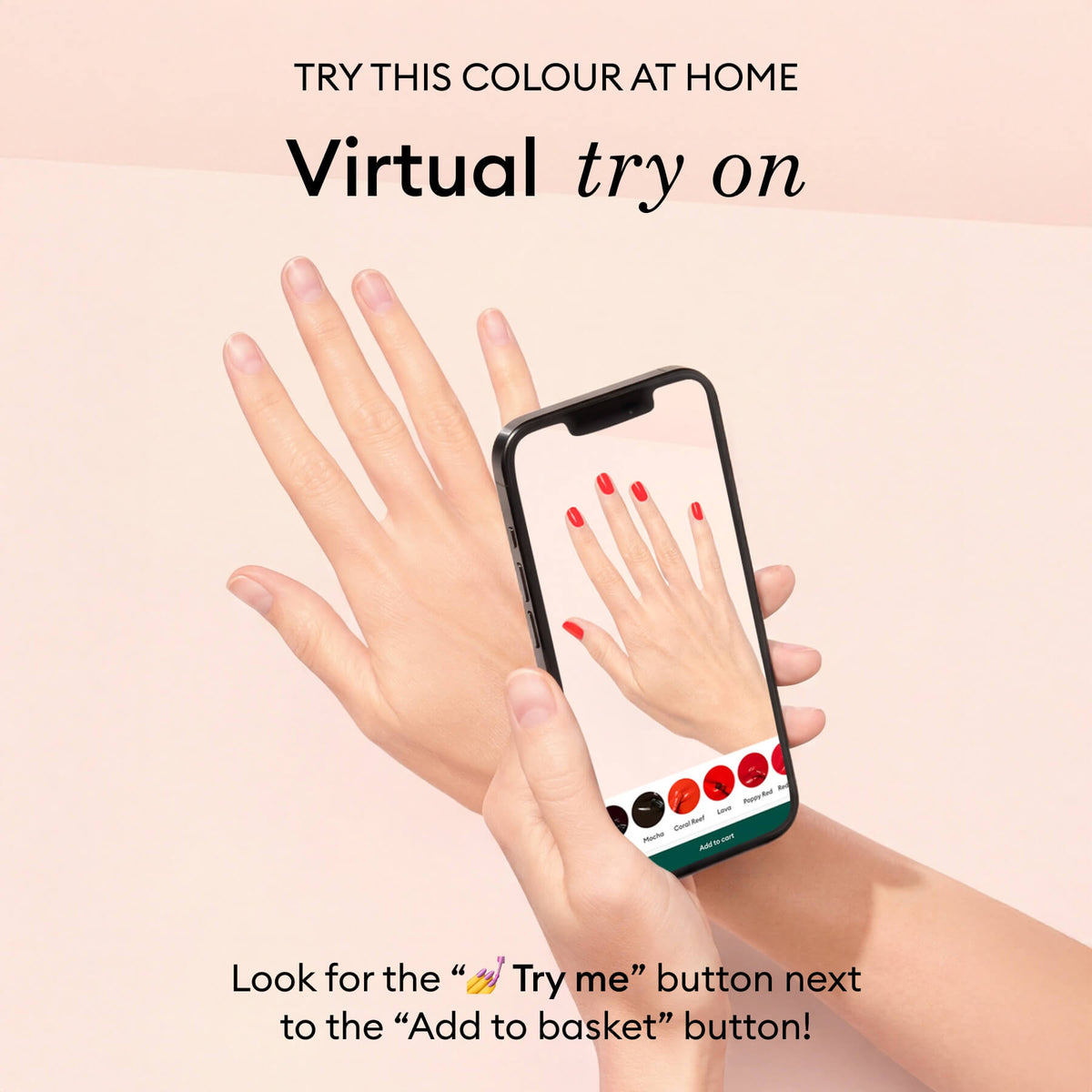 A hand holds a phone displaying Manucurist Shell gel polish in a virtual try-on, matching the screen to another hand. Text highlights Shell&