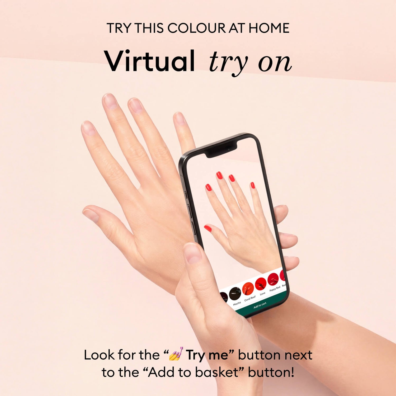 A hand holds a phone showing the Manucurist virtual try-on app with pastel orange Abricot gel polish, matching the unpainted nails in real life. "Virtual try on" appears above the screen.